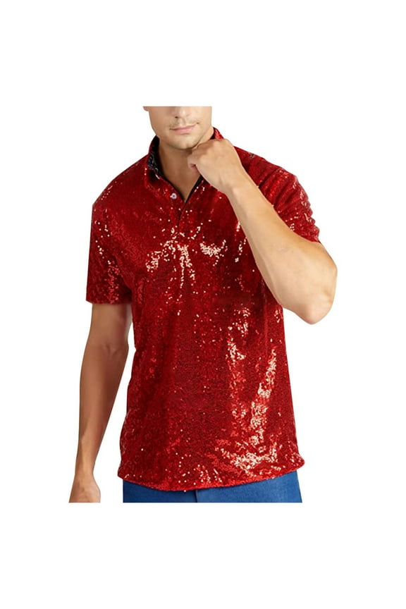 Mens Loose Fit Lightweight Polo Shirts Relaxed Short Sleeve Turndown Sequins Shirts 70s Disco Nightclub Party T Shirts Leisure Comfy Mens Top Workwear