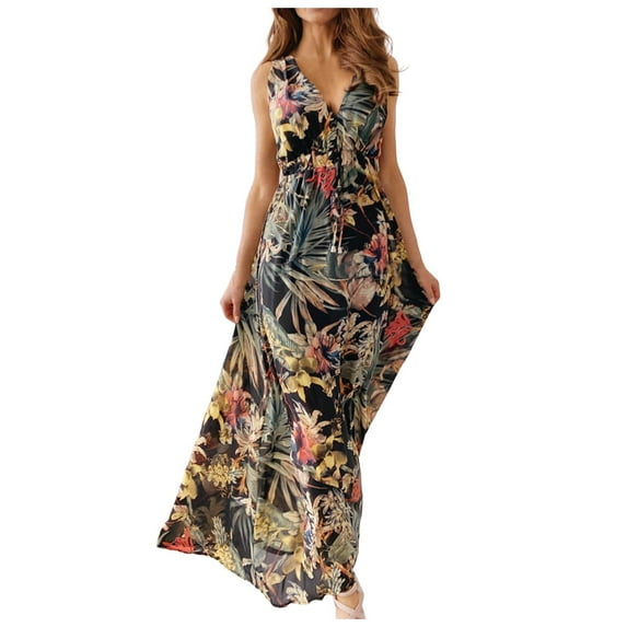 YUIVH Summer Dresses For Beach Floral Sundress Womens Summer Dresses V Neck Floral Elegant Casual Dresses Bohemian Beach Maxi Dresses Beach Clothes Outfit Vacation