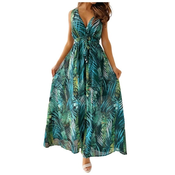 YUIVH Summer Dresses For Beach Floral Sundress Womens Summer Dresses V Neck Floral Elegant Casual Dresses Bohemian Beach Maxi Dresses Beach Swing Party Maxi Dress