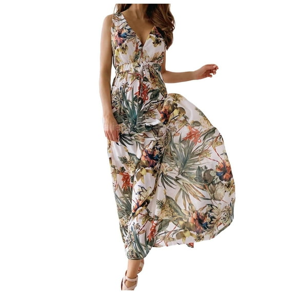 YUIVH Summer Dresses For Beach Floral Sundress Womens Summer Dresses V Neck Floral Elegant Casual Dresses Bohemian Beach Maxi Dresses Versatile Mini Dress Sundress