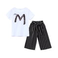thumbnail image 1 of YUIVH Toddler Girls Summer Outfit Kids Sequin Stripe Outfits Set T-Shirt Tops Letter Sleeve Teen Short Pants Outfits&Set Tops Tees Shorts Clothing Set, 1 of 9