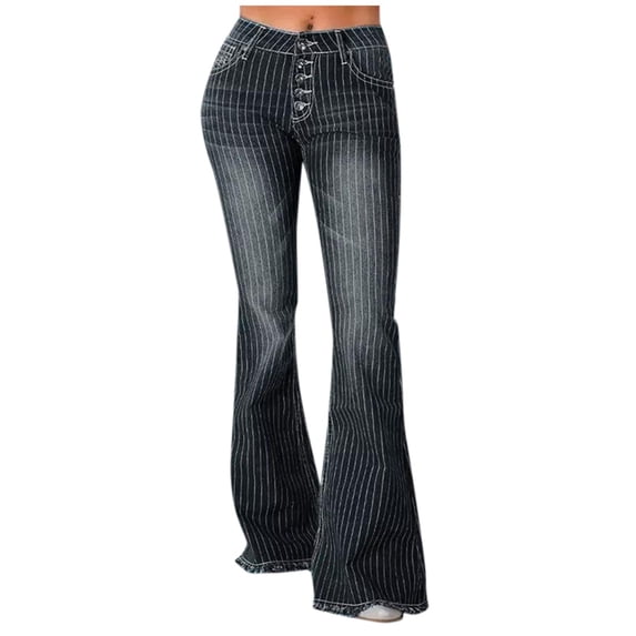 YUIVH Trendy Jeans Women's Loose Wide Leg Pants Fashionable Casual Mid Rise Buttoned Striped Thin Flared Jeans Comfy Stretch Denim Capri Short Jeans