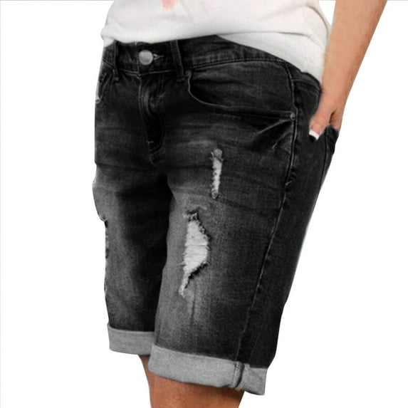 YUIVH Women Casual High Waisted Denim Shorts Summer Shorts Sexy Jean Slim Hole Short Pant With Pocket Summer Stretchy Loose Shorts Women's Ripped Denim Jean Shorts