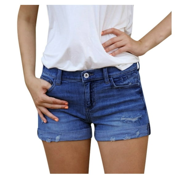 YUIVH Women's Denim Shorts Trendy Female Summer Jeans Denim Wash Shorts Denim Short Pockets Jeans Frayed Raw Hem Casual Denim Shorts