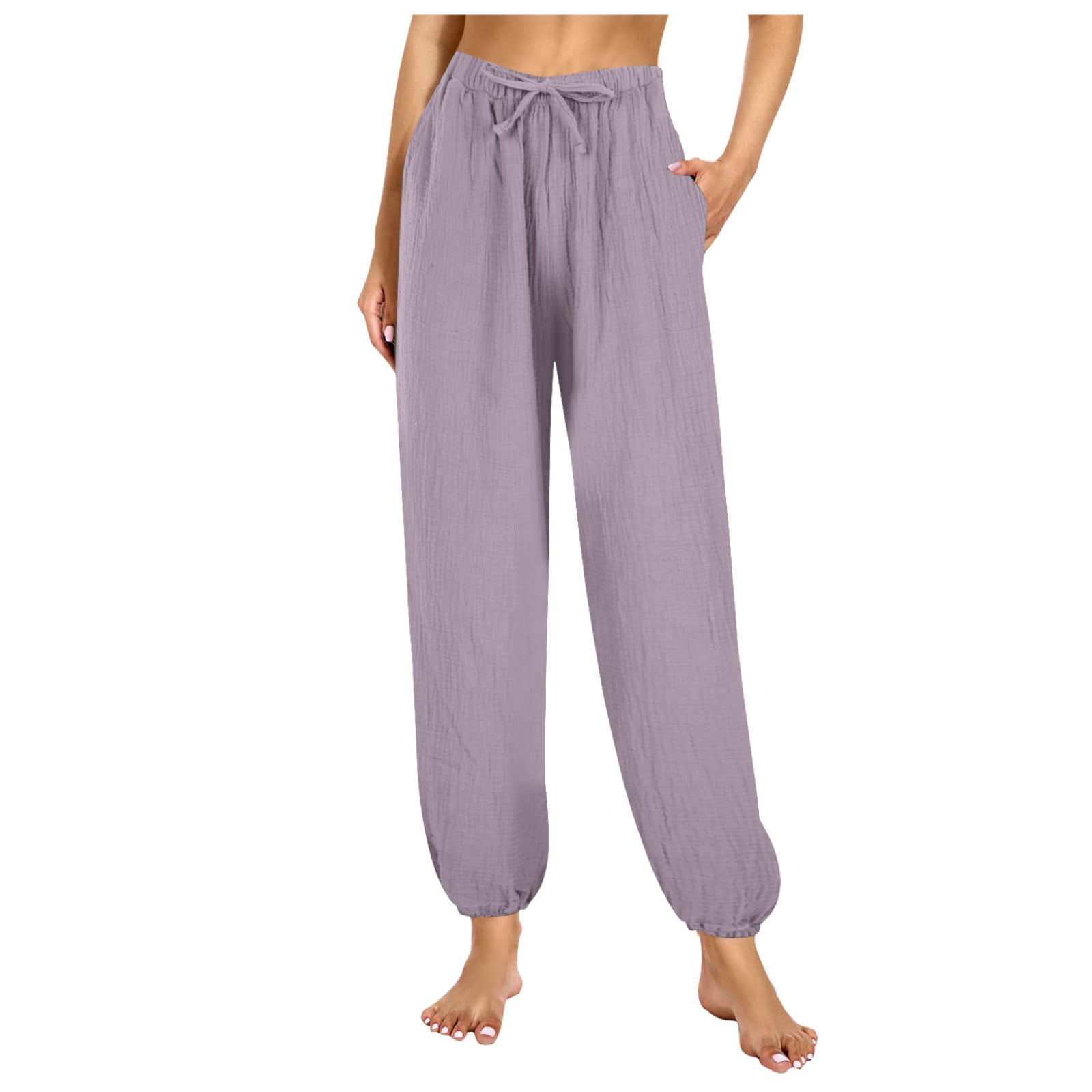 YUIVH Women's Relaxed Fit All Day Pants Solid Color Simple Elastic Waist Pocket Pajama Pants
