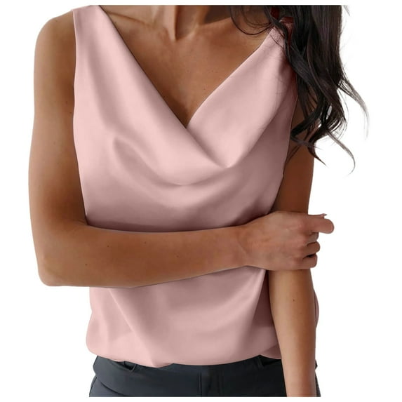 YUIVH Women's Short Sleeve Shirts Silk Satin Tank Tops Cowl Neck Casual Sleeveless Camisole Blouses Summer Basic Loose Shirt Slim Fit Basic Solid Color Tee Tops
