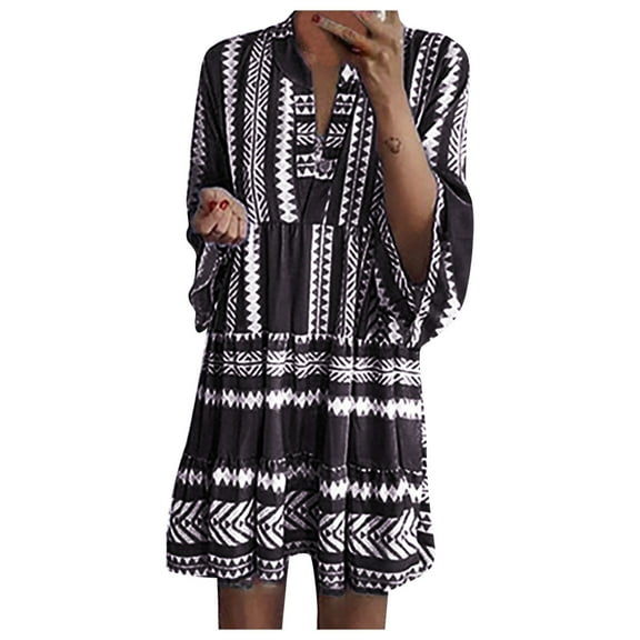 YUIVH Womens Summer Casual Boho Dress Long Sleeve V Neck Print Tunic Swing Party Summer Holiday Mini Dress Ruffle A-Line Beach Maxi Dress