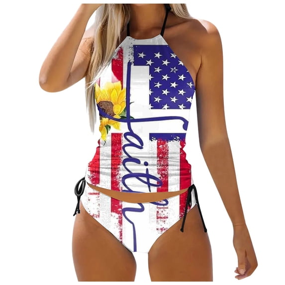 YUIVH Womens Tummy Control Bathing Suits Women's Split Swimsuit Set Independent Day Printed Split Bikini Beach Set Sexy Bathing Suits Beach Wear