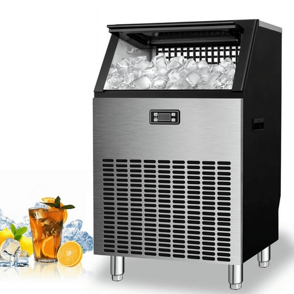 YUKOOL Commercial Freestanding Ice Maker,48pcs/12-18min, 200lbs/24H,Self Cleaning,With Ice Scoop,Stainless Steel Black