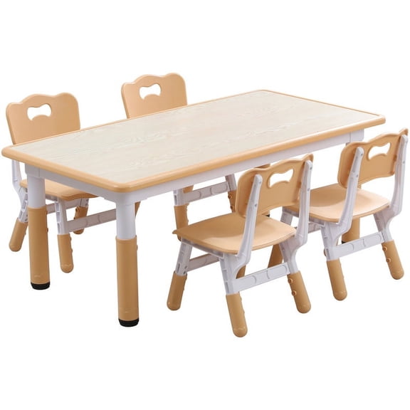 YUKOOL Kids Table and 4 Chair Set - Adjustable Height, HDPE Material, Perfect for Ages 2-12,Brown