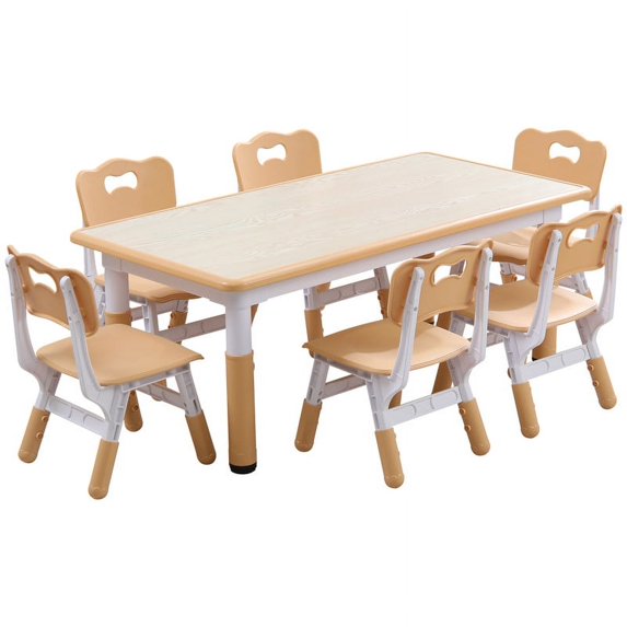 YUKOOL Kids Table and 6 Chair Set - Multi-Functional, Adjustable Height, Ergonomic Design, HDPE Material,Brown
