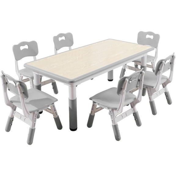 YUKOOL Kids Table and 6 Chair Set - Multi-Functional, Adjustable Height, Ergonomic Design, HDPE Material,Gray