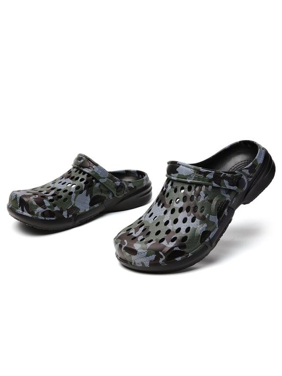 Men’s Camo Garden Clogs, Lightweight EVA Slip On Clog Sandals, Water Friendly Outdoor Yard Shoes, Beach Pool Shower Mules with Adjustable Strap
