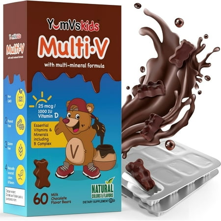 YUM-V'S Chocolate Bears Chewable Multivitamins for Kids with 16 Vitamins and Minerals, 60 Count