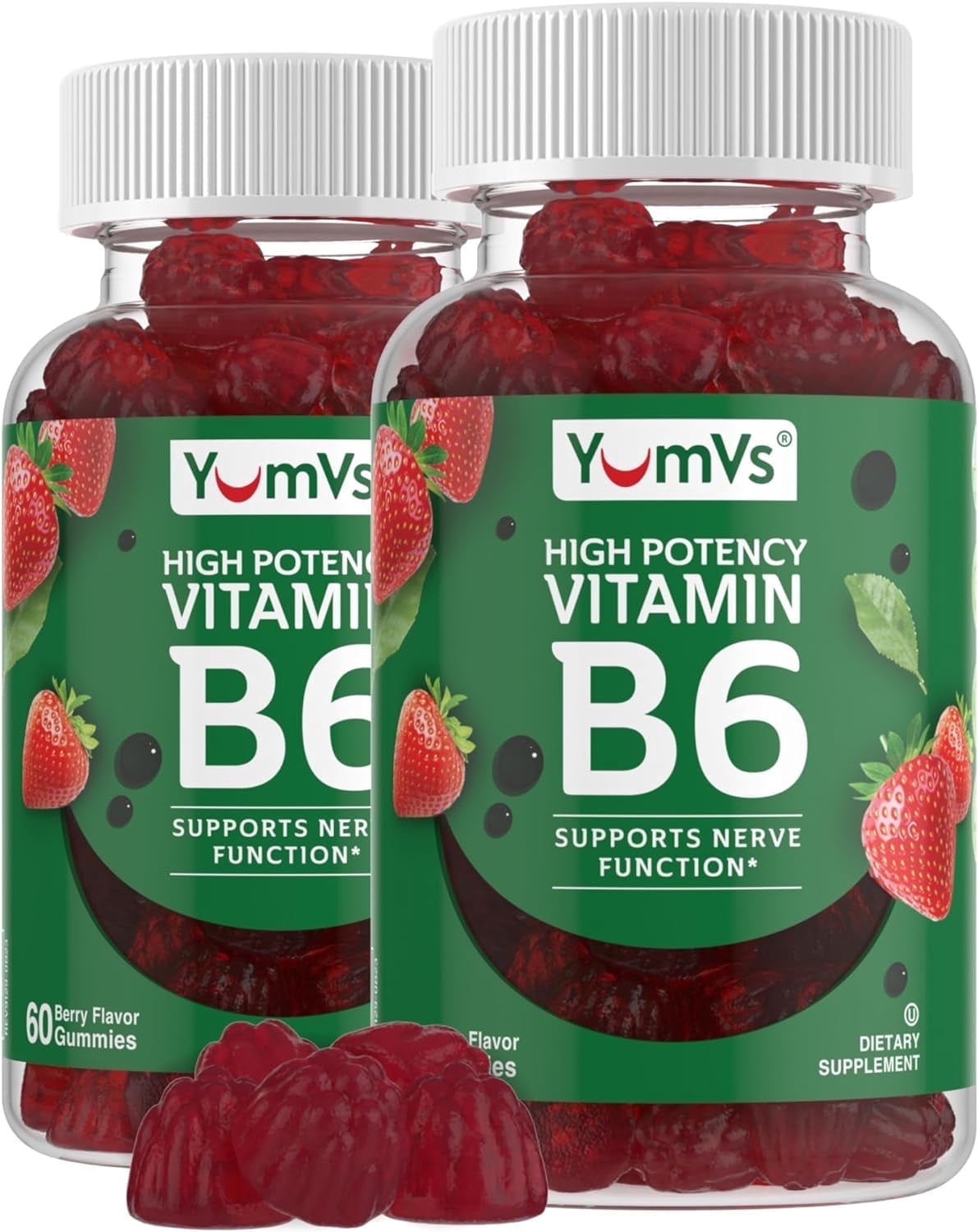 YUM-V'S 100mg Vitamin B6 Gummies Health Supplement for Nerve Function, Strawberry, 60 Count, 2-Pack