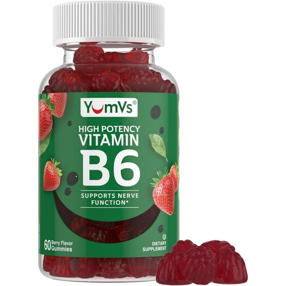 YUM-V'S 100mg Vitamin B6 Gummies Health Supplement for Nerve Function, Strawberry, 60 Count