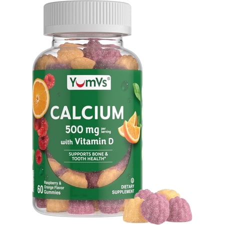 YUM-V’s 500 mg Calcium with Vitamin D3 Gummies, Raspberry & Orange Flavor Vitamin Supplements, 60 Count