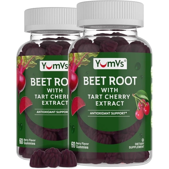 YUM-Vs Beet Root Gummies with Tart Cherry Extract for Blood Circulation, Berry Flavor, 60 Count