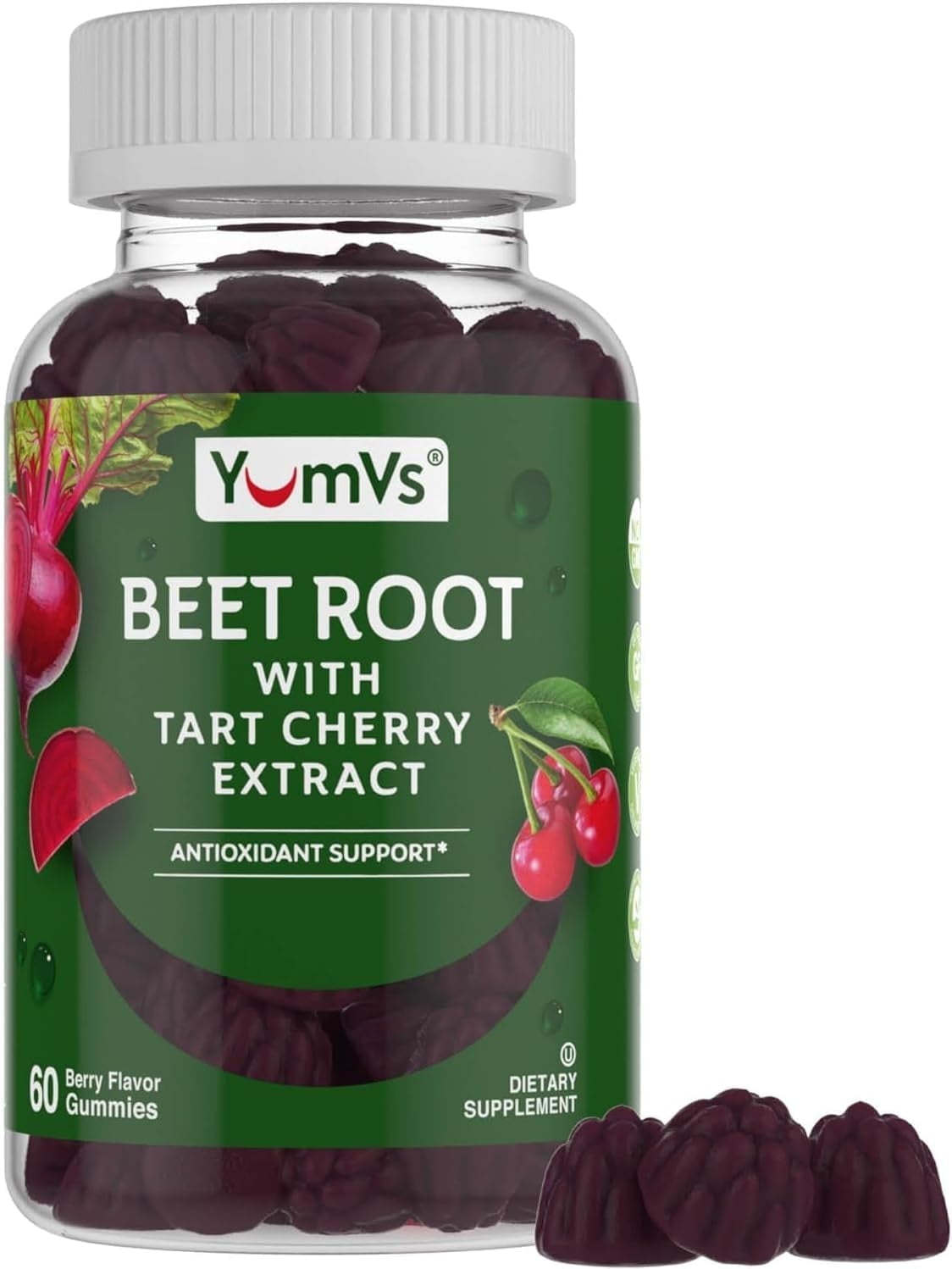 YUM-Vs Beet Root Gummies with Tart Cherry Extract for Blood Circulation and Antioxidant Support, Berry Flavor 60 Count