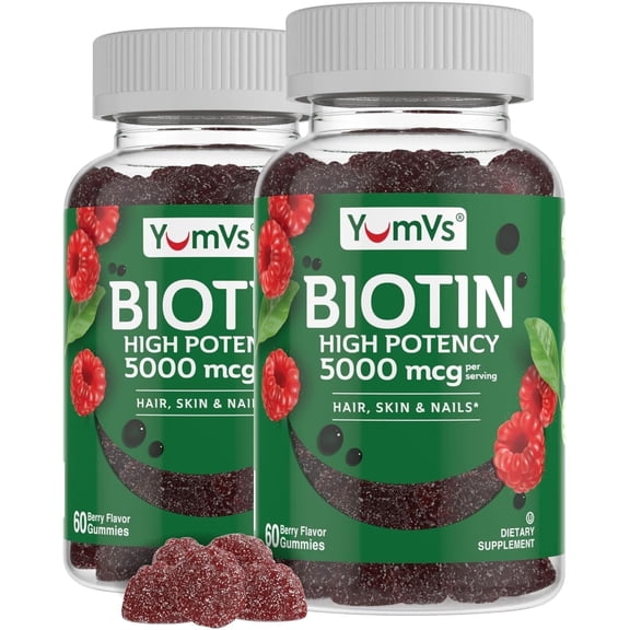 YUM-V's Biotin Gummies for Hair, Skin, and Nails in Luscious Raspberry Flavor, 5000mcg in 2 Gummies at 2500mcg Each, 2-Pack at 60 Pcs/Pack