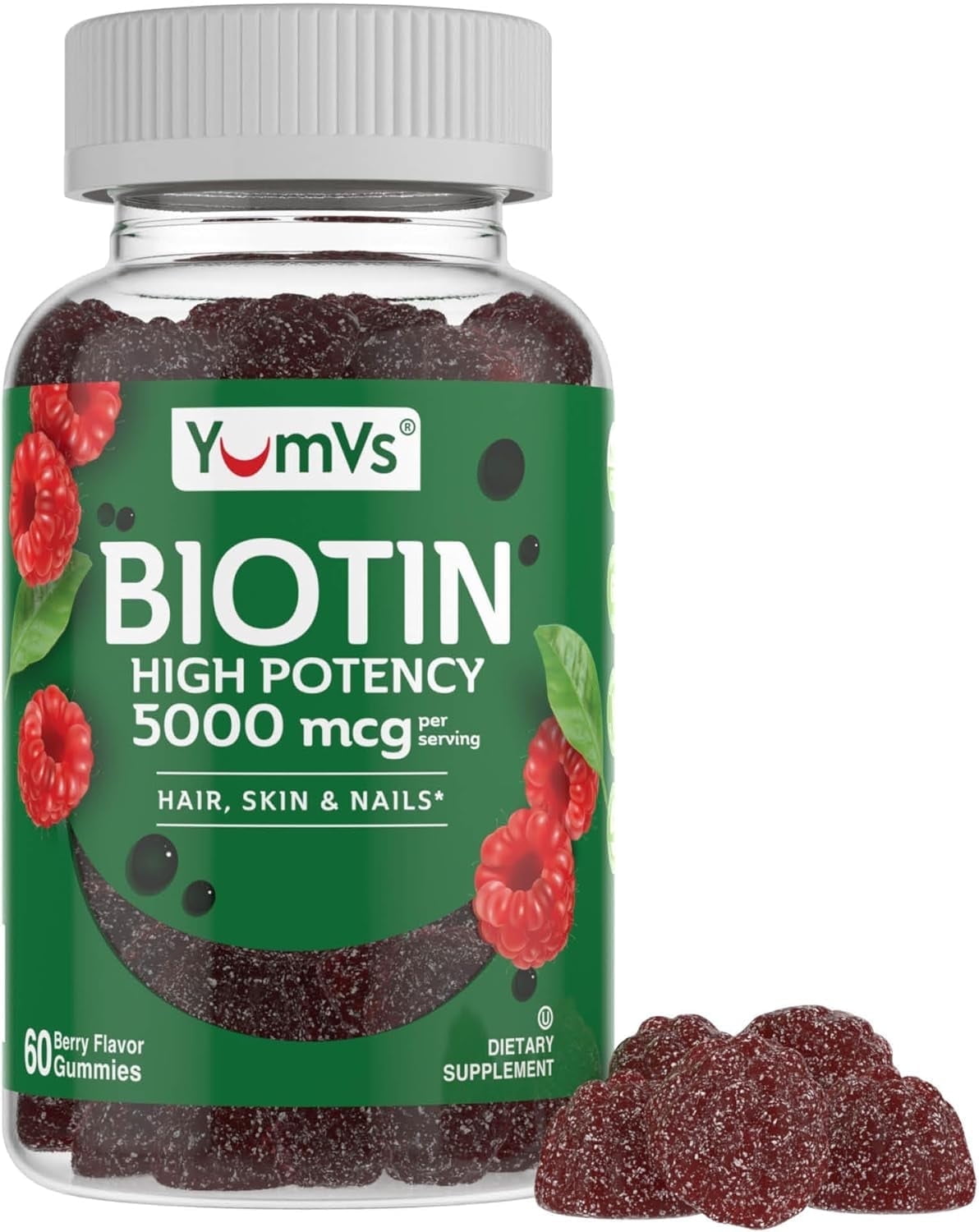 YUM-V's Biotin Gummies for Hair, Skin, and Nails in Luscious Raspberry Flavor, 5000mcg in 2 Gummies at 2500mcg Each, 60 Count