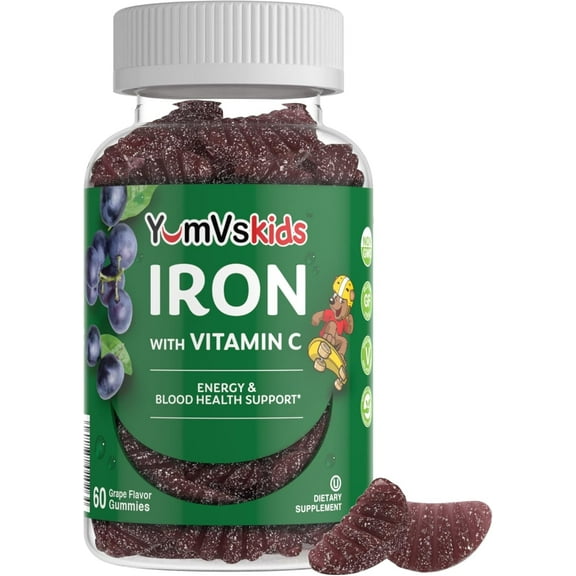 YUM-V’s Complete Iron Supplement with Vitamin C for Kids, Grape Flavor Blood Builder Gummy Vitamins, 60 Count