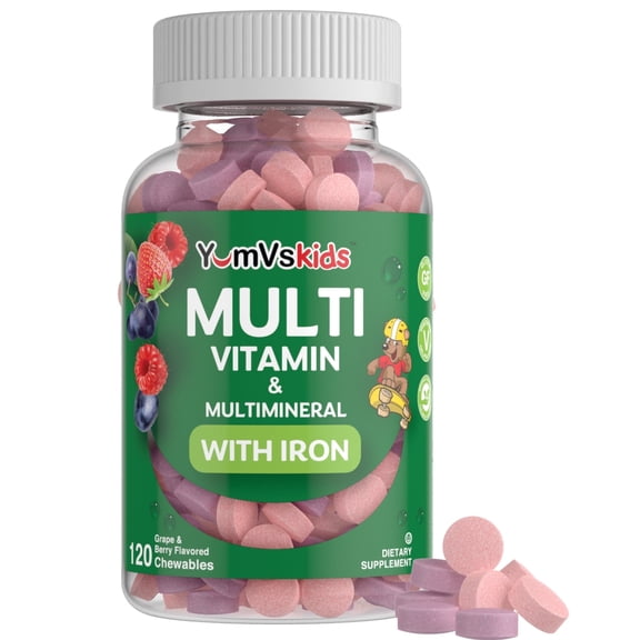 YUM-Vs Kids Multivitamins & Multimineral Chewable Tablets with Iron, Grape & Berry Flavor, 120 Count