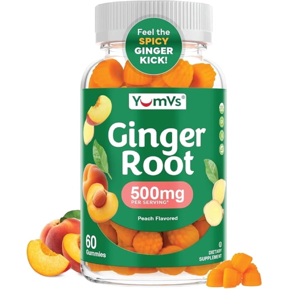 YUM-Vs Ginger Root Gummies, Ginger Supplement for Digestion and Immune Support, Peach Flavor, 500 mg, 60 Count