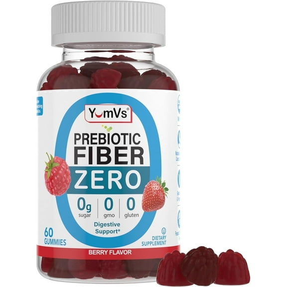 YUM-V's Prebiotic Fiber Zero Gummies Natural Berry Flavor Digestive Health Support Chewables, 60 Count