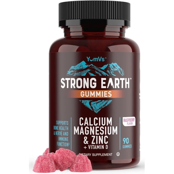 YUM-Vs Strong Earth Raspberry Calcium Magnesium Zinc & Vitamin D Gummies for Adults, 90 Count