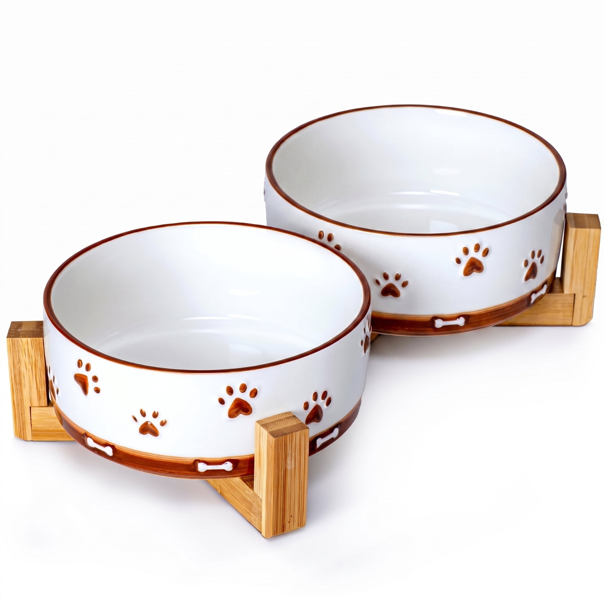 YUN TAO 3.5 Cups Pet Bowls Set of 2 for Medium Dogs, Ceramic Pet Food Water Dish Feeding with Wooden Stand, Cute Puppy Pet Dishes