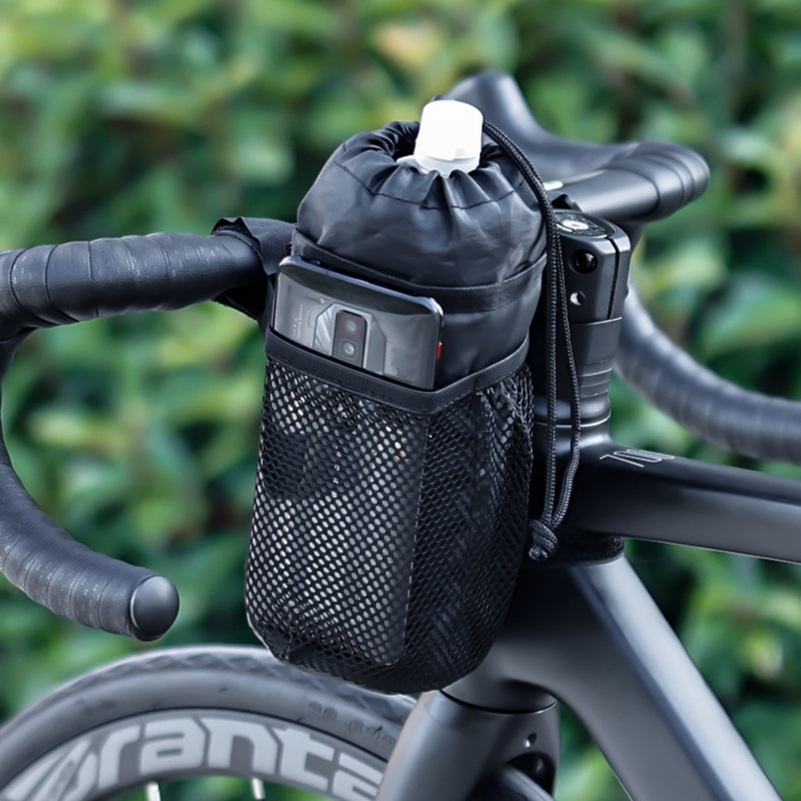 Yunafft Bike Water Bottle Holder Bag for Kid Adult, Insulated Bicycle Coffee Cup Holders with Phone Storage, Black Handlebar Drink/Beverage Container