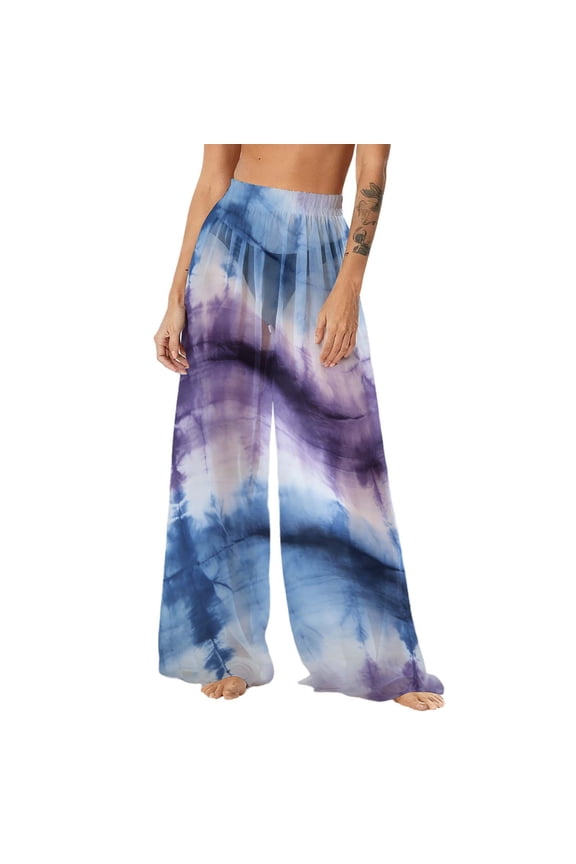 Bohemian Floral Print Lightweight Beach Cover-Up Pants with Sun Protection Flowy Wide Leg Trousers for Women