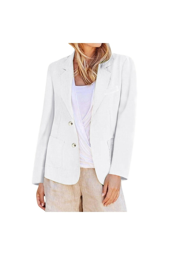 Breathable Cotton Linen Blend Solid Blazer for Women Lightweight Long Sleeve Tailored Office Jacket