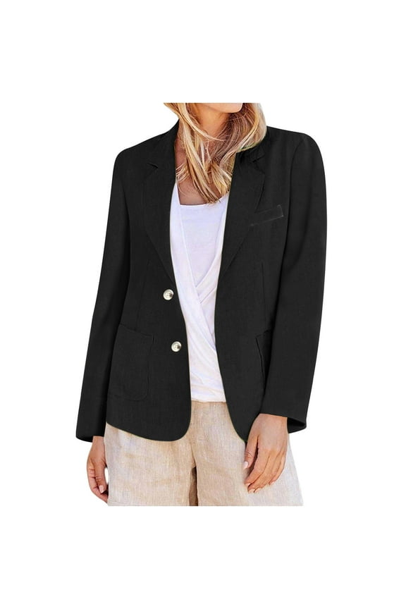 Breathable Cotton Linen Blend Solid Blazer for Women Lightweight Long Sleeve Tailored Office Jacket