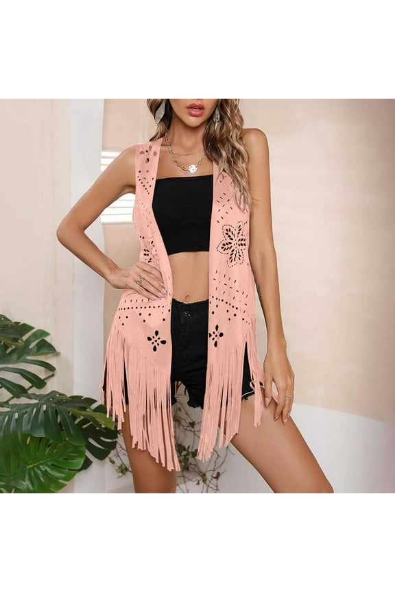 Breathable Retro Fringe Sleeveless Jacket with Cut-Out Front & Faux Suede Trim 70s Style Casual Blazer for Women