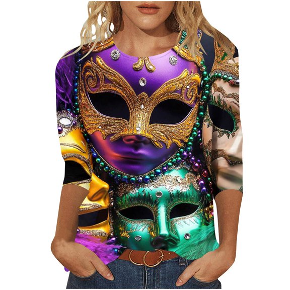 YUNAFFT Carnival Top for Women Loose Fit 3/4 Sleeve Round Neck Printed T-Shirt with Soft Stretch