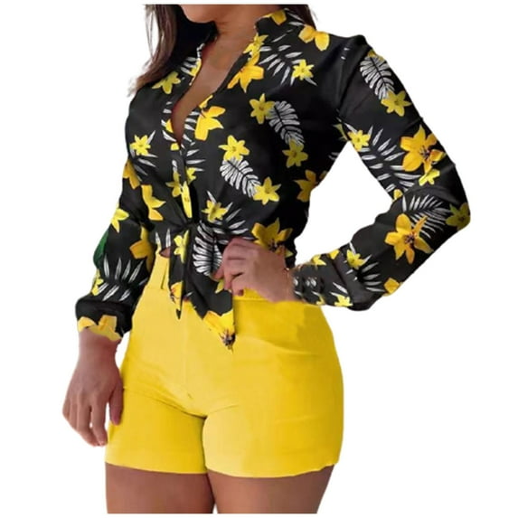 Babysbule Casual 2 Piece Outfits for Women Women Two Piece Set Printed Long Sleeve V-Neck Tops Solid Short Casual Suit Yoga Workout