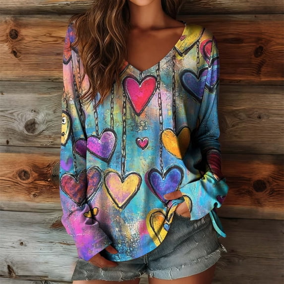 YUNAFFT Casual Love Print V-Neck Blouse for Women with Long Sleeves Relaxed Fit Valentine's Day Top