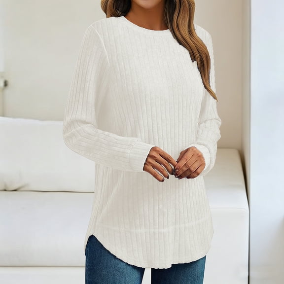 YUNAFFT Chic Solid Color Long Sleeve Round Neck Pullover Casual Top for Women