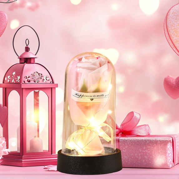 YUNAFFT Christmas Carnation Flowers Gifts for Mom,Pink Artificial Carnation in Glass Dome with Led Light for Mother's Day,Valentine's Day,Birthday,Christmas