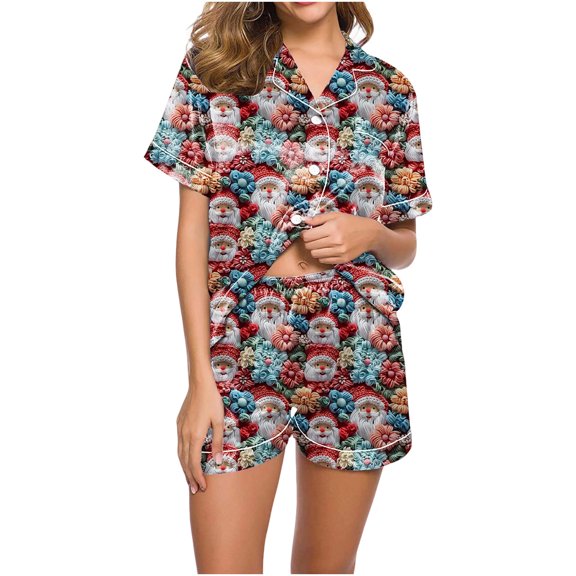 YUNAFFT Christmas Print Women's Short Sleeve Pajama Set Soft Comfortable Sleepwear for Holiday Lounge