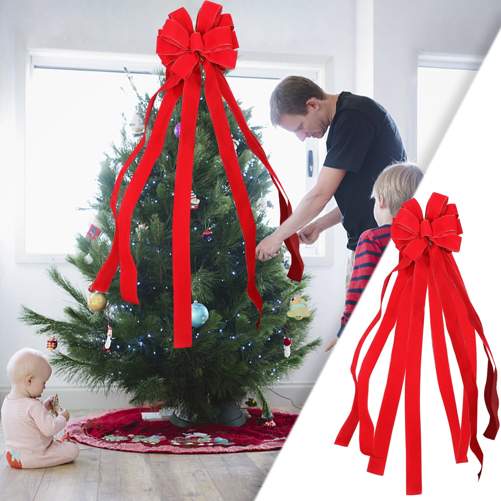 YUNAFFT Christmas Tree Topper Bow, Large Red Velvet Bow with Gold Edge and Long Streamers, Christmas Wreath Bows for Xmas Tree Handmade Holiday Party Decorations