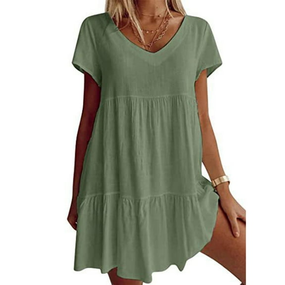 Babysbule Dresses Plus Size Fire Outfit Women's Summer Casual V-Neck Short Sleeve Folding Solid Dresses