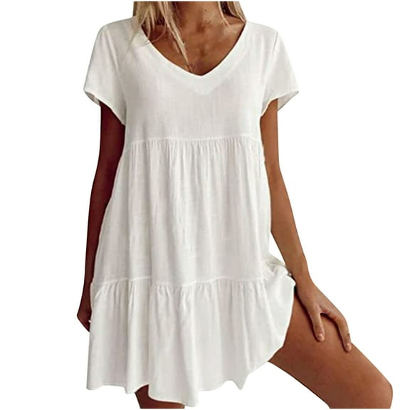 Babysbule Dresses Plus Size Fire Outfit Women's Summer Casual V-Neck Short Sleeve Folding Solid Dresses