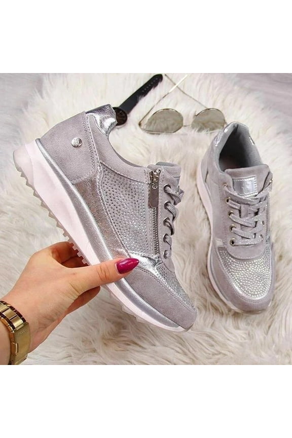 Shoes Women, Fashion Women Casual Pumps Thick Bottom Drilling Zipper Lacing Sports Shoes