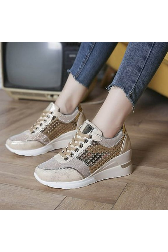 Shoes Women, Lace-up Casual Wedge Heel Sequined Single Shoes Sneakers Women