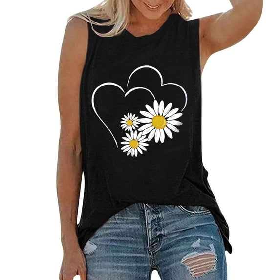 YUNAFFT Clearance Womens Tank Tops Summer Tank Tops For Women Summer Thin Daisy Sunflower Print Short Sleeve Sleeveless Vest Casual Loose Pullover Tunic Tees Discount