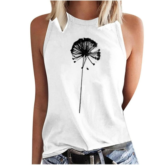 Babysbule Womens Tank Tops Summer Women Dandelions Print Tank Fit Round-Neck Sleeveless Block Shirts Tunic Tee Tops