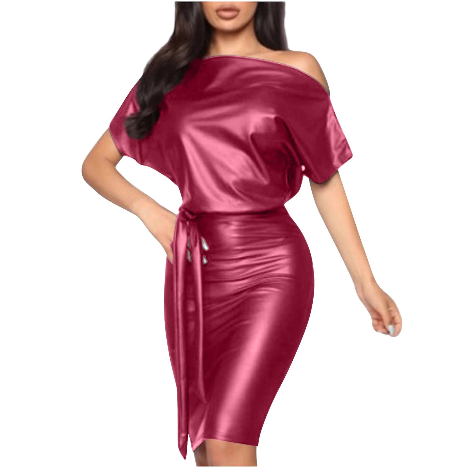 chinese dress ladies Plus Size Cocktail Party Burgundy Wrap Neck Long Sleeve Asymmetric Hem  Contrast Tulle PU Leather Midi Dresses